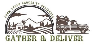Gather & Deliver logo featuring a barn and rustic landscape.